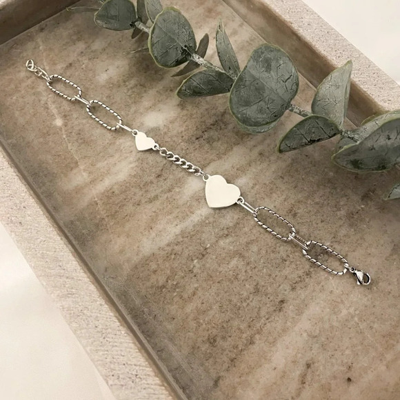 925 Sterling Silver Heart Link Bracelet Paperclip Bracelet Heart Charm Bracelet - Picture 2 of 4